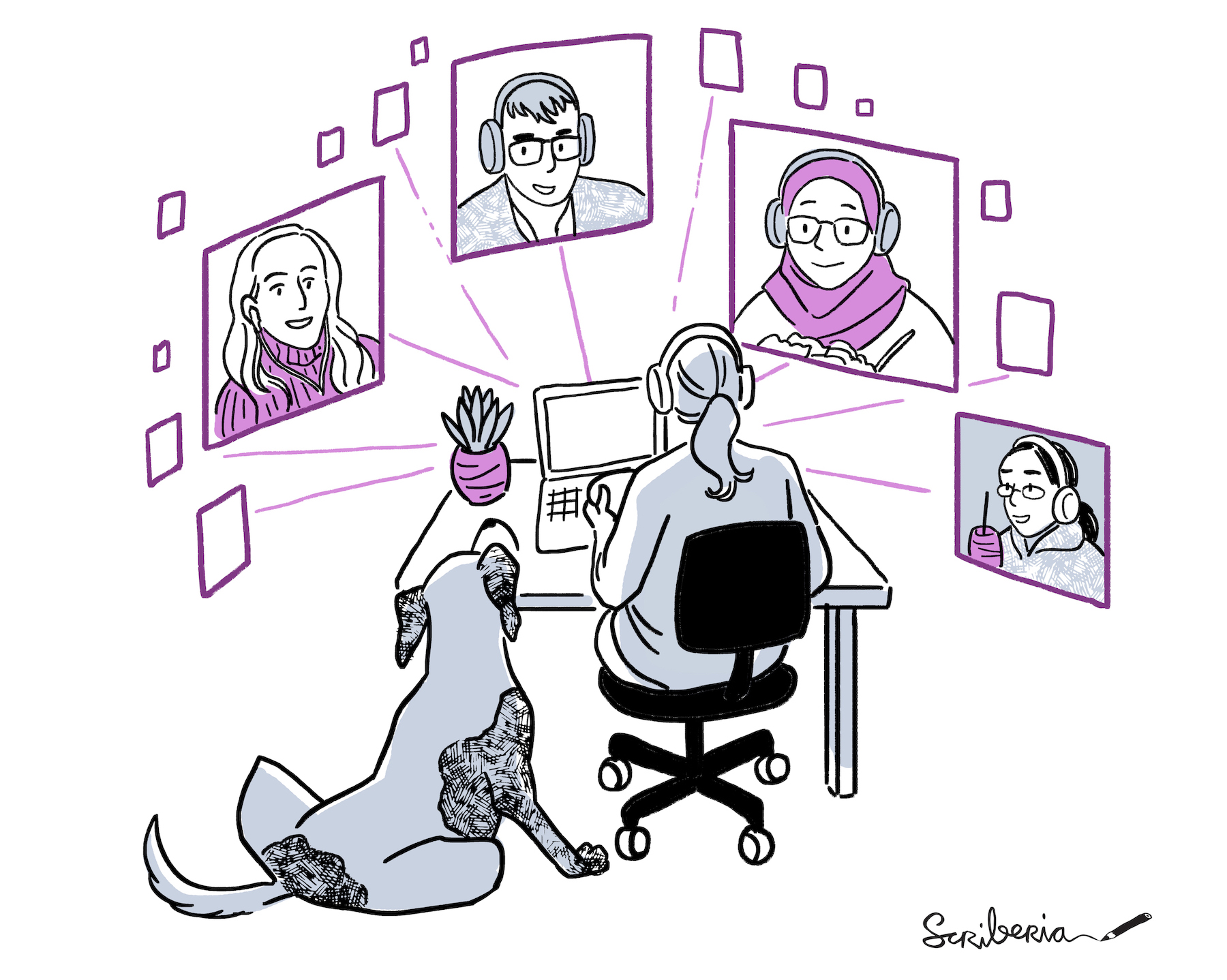 An illustration showing people participating in a Turing Way Book Dash remotely. In the foreground a person is shown from behind working at their desk. They are working on their laptop computer, wearing headphones. To their left their dog is sitting and watching. Above the computer is a representation of remote collaboration using video calls. Four other Book Dash participants are shown in boxes emanating from the computer.