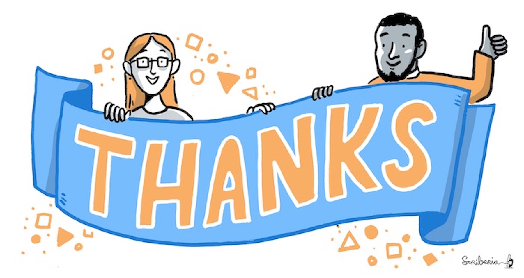 An illustration thanking those watching the presentation. Two people hold a fabric banner with the word 'thanks' written on it. The people are smiling and one is giving a thumbs-up